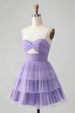 Cute Purple A Line Spaghetti stropper Tylle Tiered Short Homecoming Dress