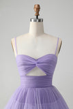 Cute Purple A Line Spaghetti stropper Tylle Tiered Short Homecoming Dress