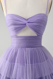 Cute Purple A Line Spaghetti stropper Tylle Tiered Short Homecoming Dress