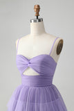 Cute Purple A Line Spaghetti stropper Tylle Tiered Short Homecoming Dress