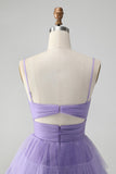 Cute Purple A Line Spaghetti stropper Tylle Tiered Short Homecoming Dress