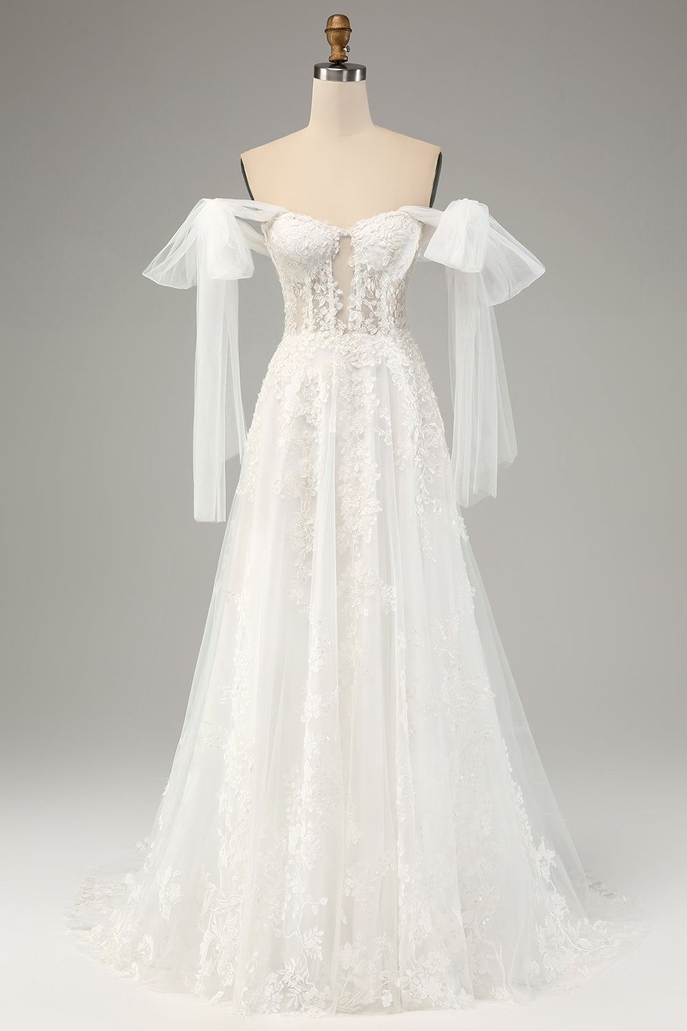 Prinsesse Hvit A-Line Lace Up Tyll Korsett brudekjole med Appliques Lace