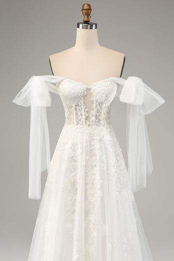 Prinsesse Hvit A-Line Lace Up Tyll Korsett brudekjole med Appliques Lace