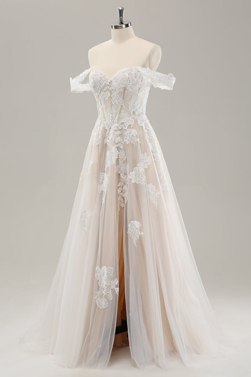 Load image into Gallery viewer, Prinsesse Hvit av skulderen Applique Tyll brudekjole med Slit