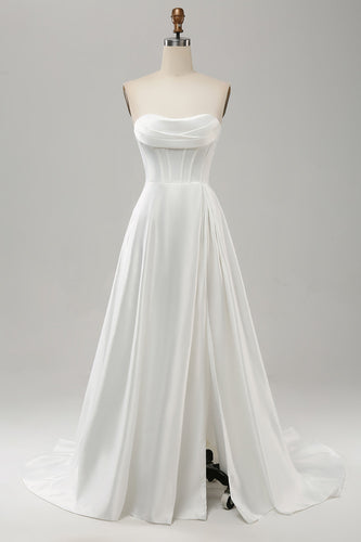 Elegant hvit En linje stroppeløs plissert feie tog brude kjole med splitt