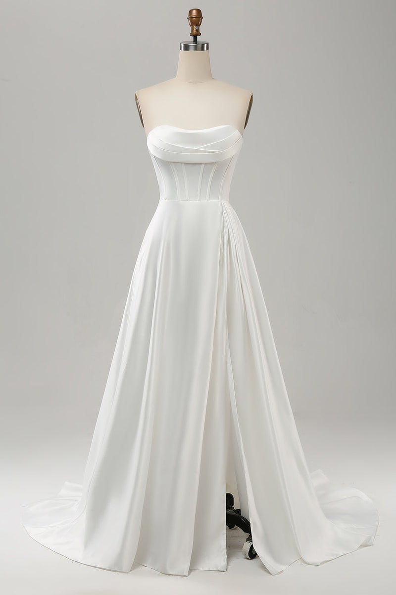 Load image into Gallery viewer, Elegant hvit En linje stroppeløs plissert feie tog brude kjole med splitt