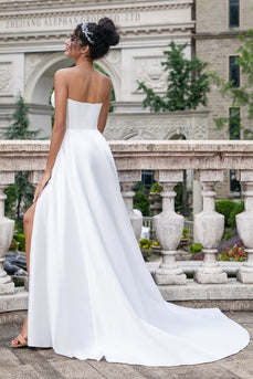 Elegant hvit En linje stroppeløs plissert feie tog korsett brudekjole med spalt