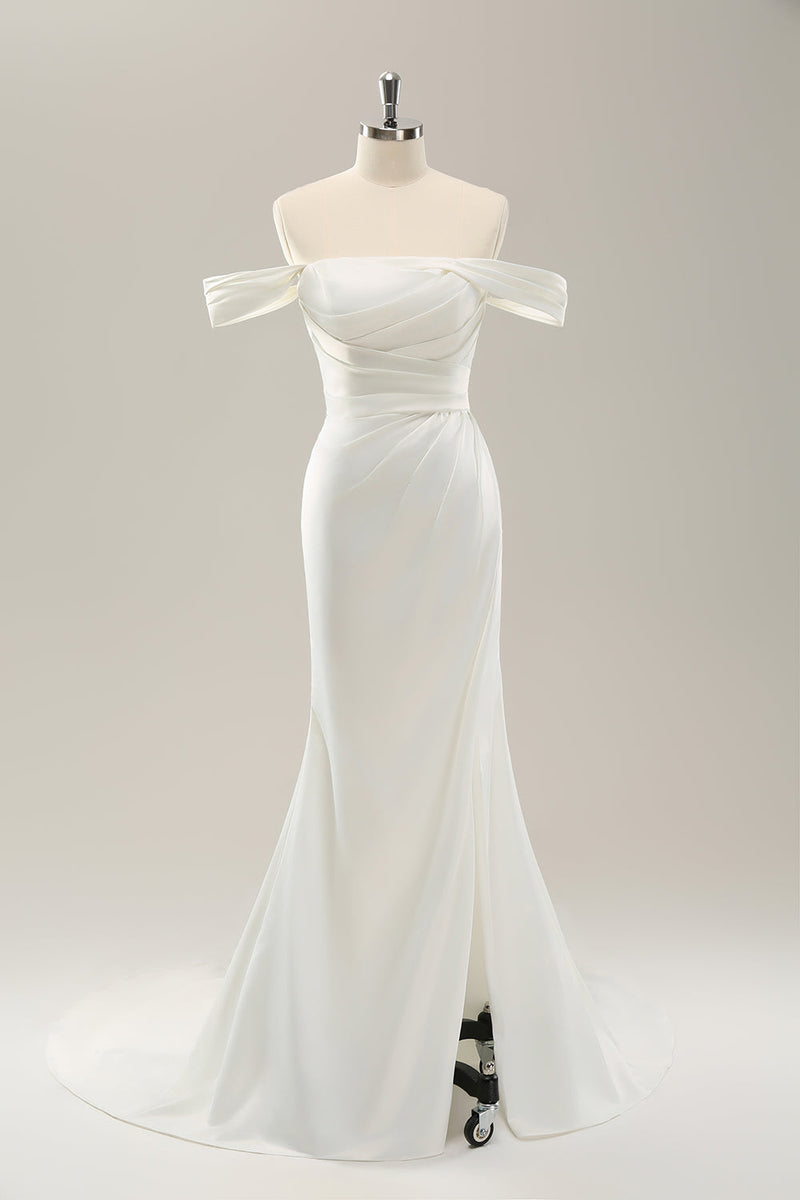 Load image into Gallery viewer, Hvit havfrue av skulderen plissert sateng brudekjole med spalt