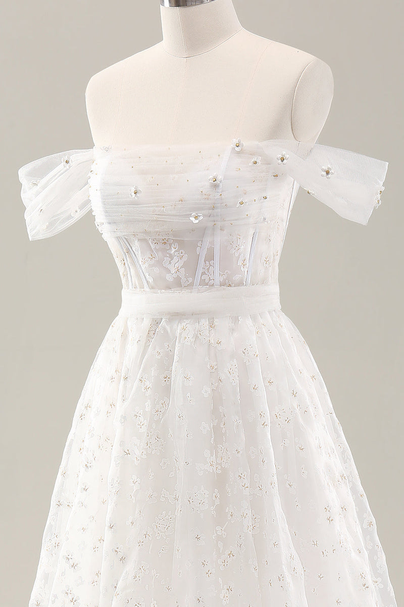 Load image into Gallery viewer, Hvit En linje av skulderen Korsett brudekjole med blonder opp tilbake