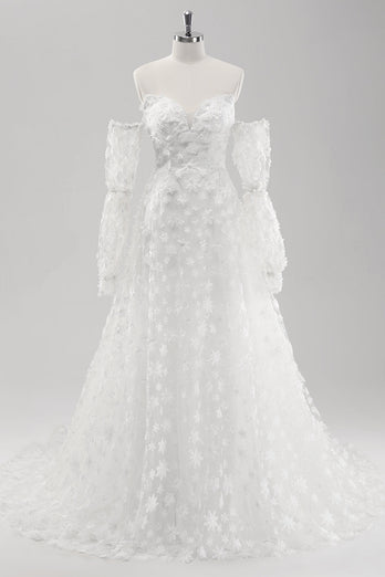 Hvit A Line Sweetheart Applique Lace brudekjole med avtakbare ermer