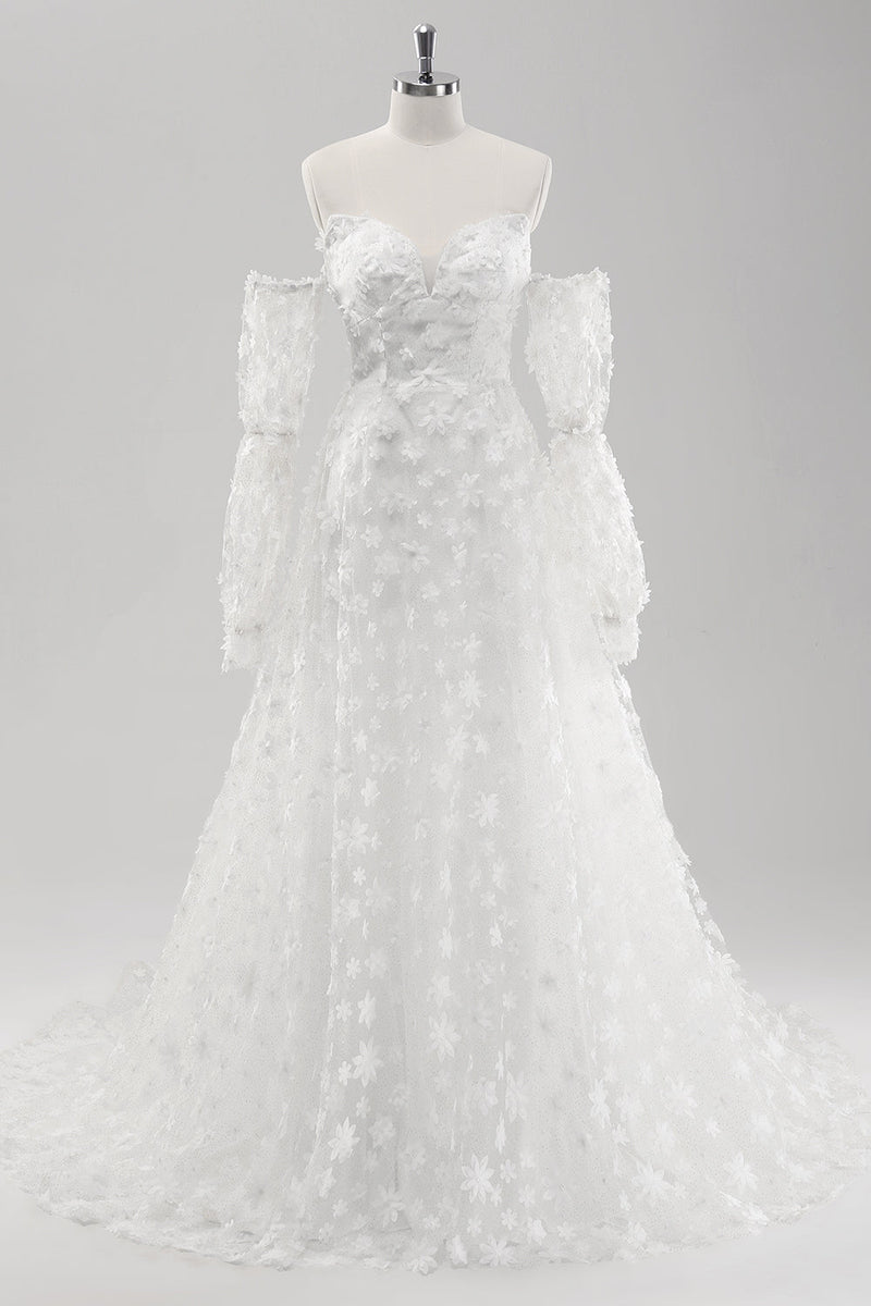 Load image into Gallery viewer, Hvit A Line Sweetheart Applique Lace brudekjole med avtakbare ermer