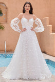 A Line Sweetheart Applique Lace White Brudekjole med avtakbare ermer