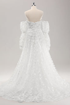 Hvit A Line Sweetheart Applique Lace brudekjole med avtakbare ermer
