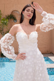 A Line Sweetheart Applique Lace White Brudekjole med avtakbare ermer