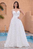 A Line Sweetheart Applique Lace White Brudekjole med avtakbare ermer