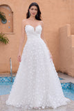 A Line Sweetheart Applique Lace White Brudekjole med avtakbare ermer