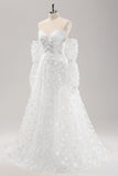 Hvit A Line Sweetheart Applique Lace brudekjole med avtakbare ermer