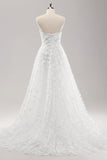 Hvit A Line Sweetheart Applique Lace brudekjole med avtakbare ermer