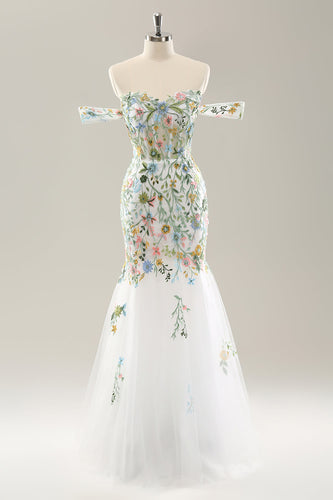 Hvit havfrue av skulderen Blomster Korsett brudekjole