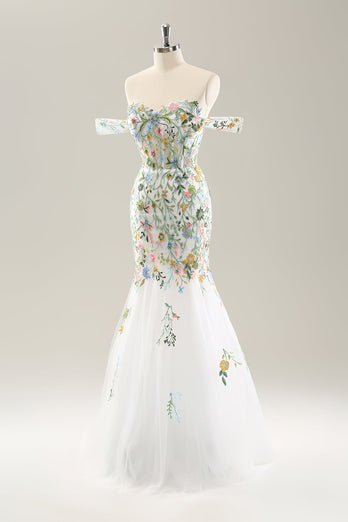Hvit havfrue av skulderen Blomster Korsett brudekjole