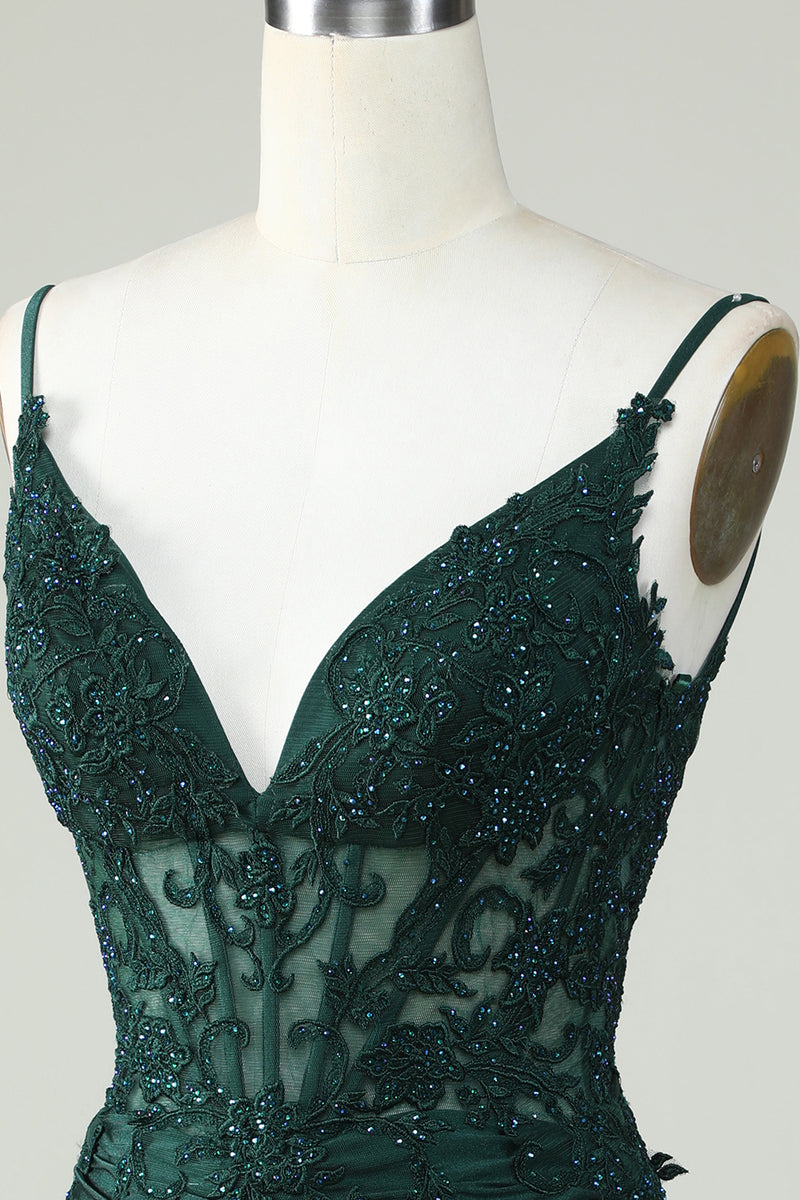 Load image into Gallery viewer, Spaghetti stropper mørkegrønn korsett Party kjole med perler
