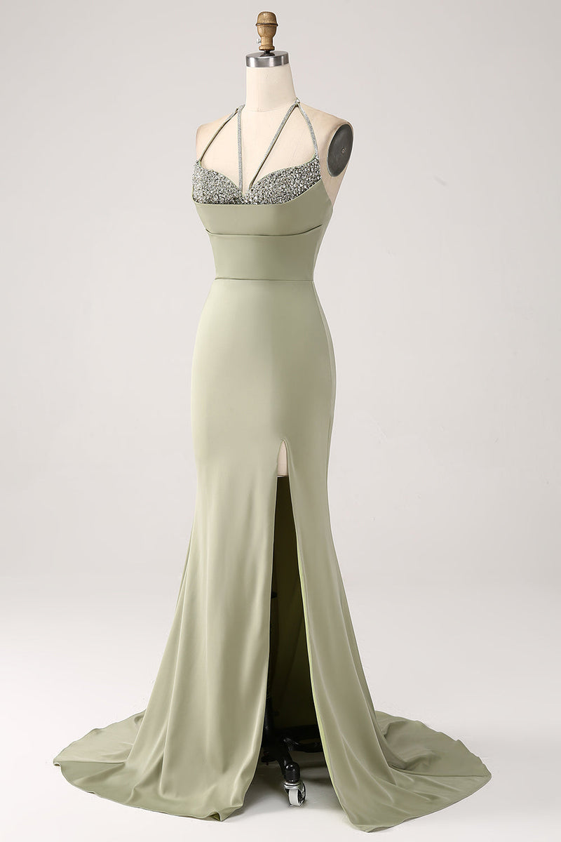 Load image into Gallery viewer, Skjede pistasj V-hals Beaded Long Prom kjole med spalt