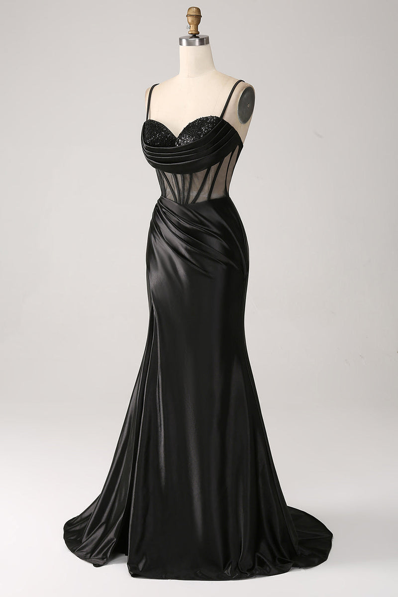 Load image into Gallery viewer, Havfrue kjæreste svart sateng lang ballkjole med perler