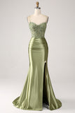 Mermaid Sage Spaghetti stropper Lace-up Back Prom kjole med spalt