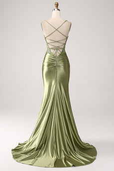 Mermaid Sage Spaghetti stropper Lace-up Back Prom kjole med spalt