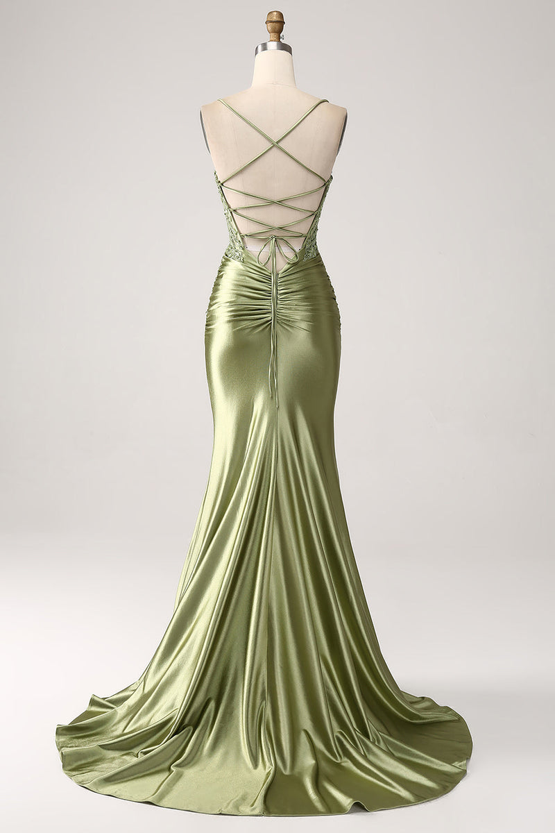 Load image into Gallery viewer, Mermaid Sage Spaghetti stropper Lace-up Back Prom kjole med spalt
