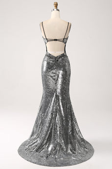 Svart Sparkly Mermaid Spaghetti stropper korsett Prom kjole med Slit
