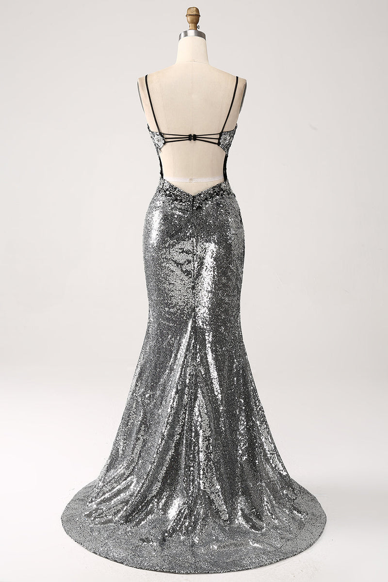 Load image into Gallery viewer, Svart Sparkly Mermaid Spaghetti stropper korsett Prom kjole med Slit