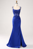 Royal Blue Mermaid Corset Beaded Long Prom Dress med Slit