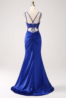 Royal Blue Mermaid Corset Beaded Long Prom Dress med Slit