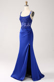 Royal Blue Mermaid Corset Beaded Long Prom Dress med Slit