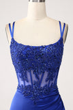 Royal Blue Mermaid Corset Beaded Long Prom Dress med Slit