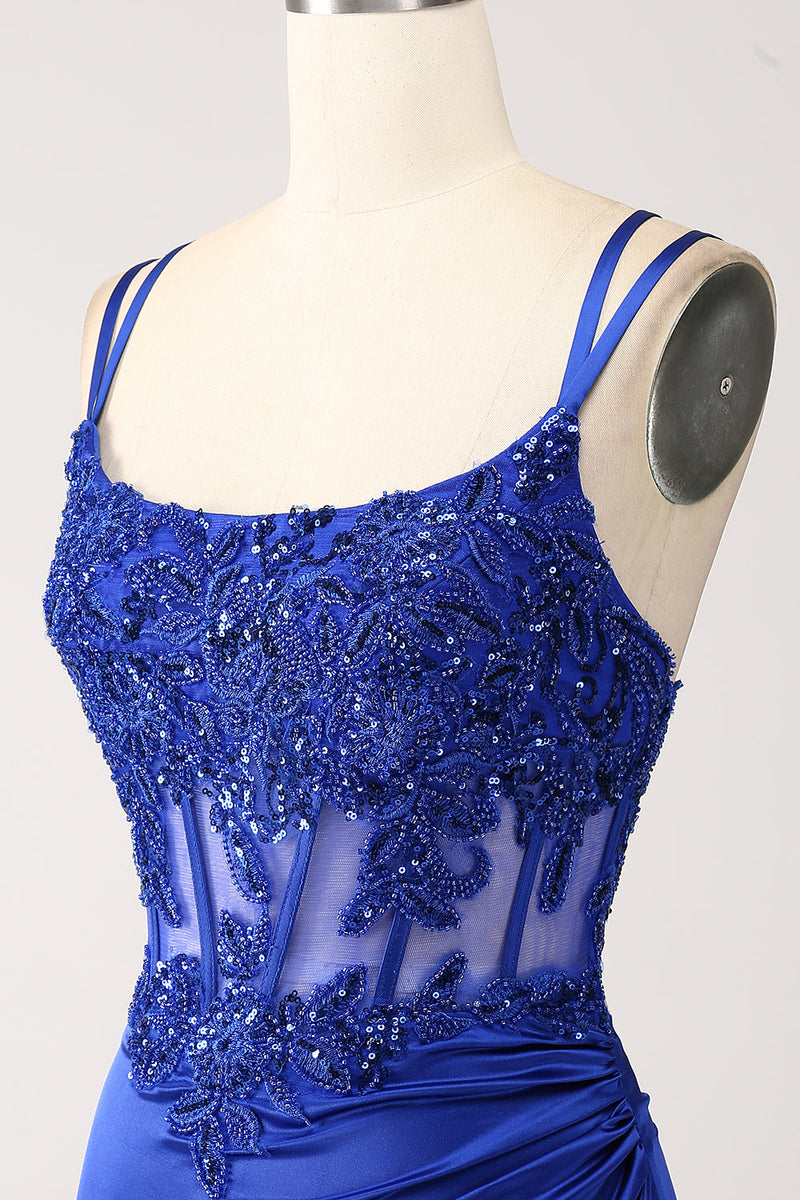 Load image into Gallery viewer, Royal Blue Mermaid Corset Beaded Long Prom Dress med Slit