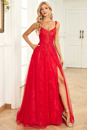 A Line Spaghetti stropper Red Long Prom Dress med Appliques