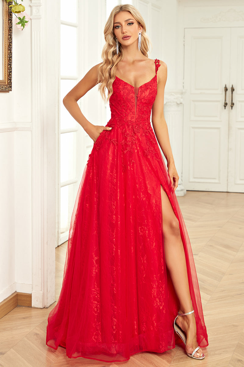 Load image into Gallery viewer, A Line Spaghetti stropper Red Long Prom Dress med Appliques