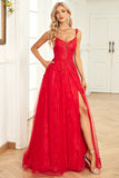 A Line Spaghetti stropper Red Long Prom Dress med Appliques