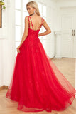 A Line Spaghetti stropper Red Long Prom Dress med Appliques