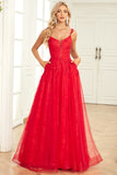 A Line Spaghetti stropper Red Long Prom Dress med Appliques