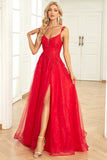 A Line Spaghetti stropper Red Long Prom Dress med Appliques