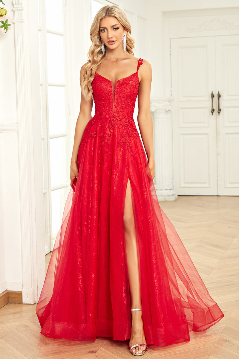Load image into Gallery viewer, A Line Spaghetti stropper Red Long Prom Dress med Appliques