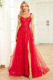 A Line Spaghetti stropper Red Long Prom Dress med Appliques