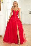 A Line Spaghetti stropper Red Long Prom Dress med Appliques