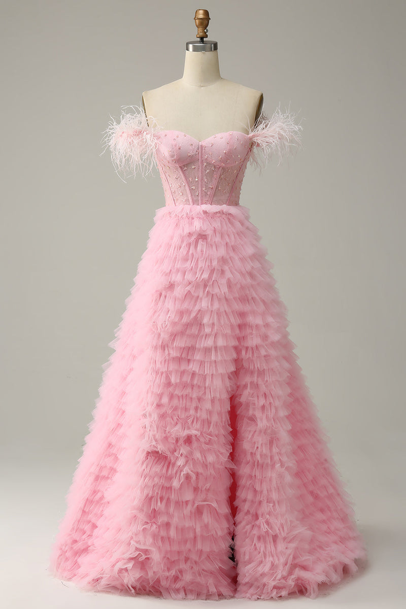 Load image into Gallery viewer, En linje av skulderen rosa korsett ballkjole med ruffled fjær