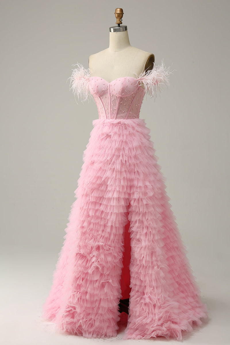 Load image into Gallery viewer, En linje av skulderen rosa korsett ballkjole med ruffled fjær