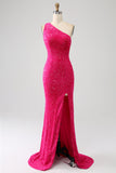 Sparkly Mermaid One Shoulder Fuchsia paljetter Long Prom Kjole med Slit