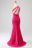 Sparkly Mermaid One Shoulder Fuchsia paljetter Long Prom Kjole med Slit